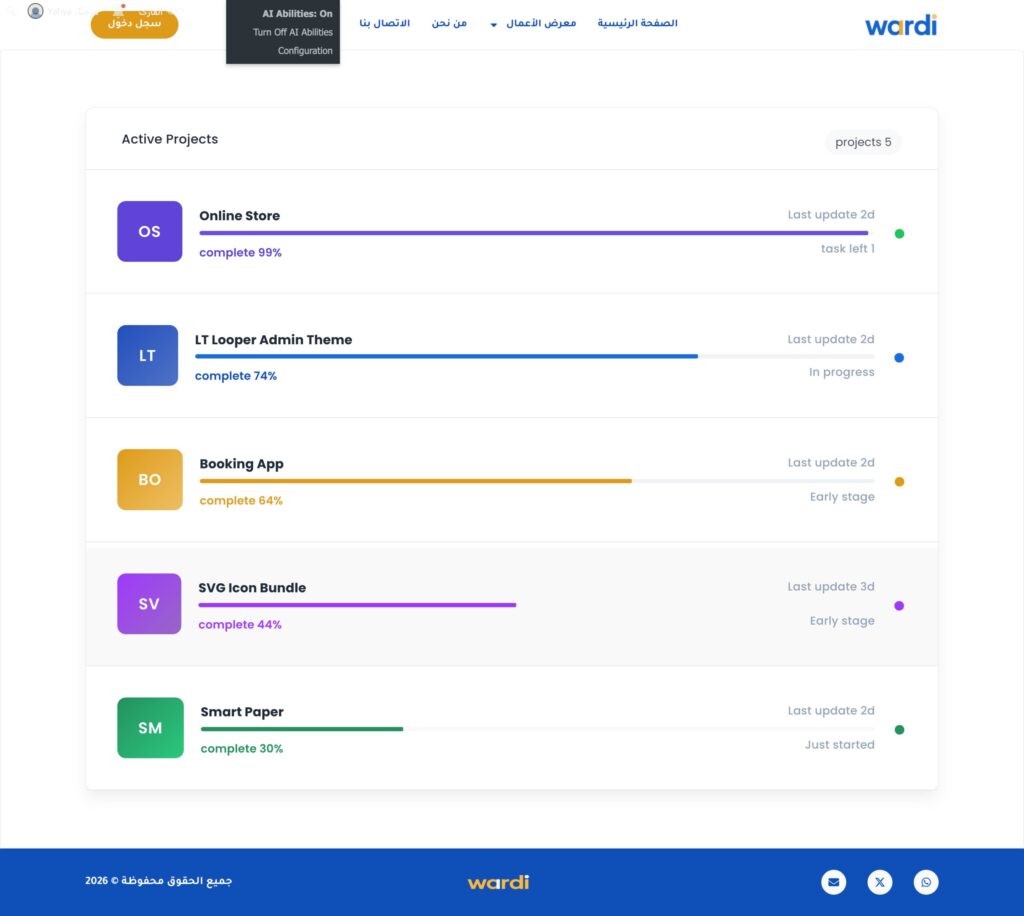 واجهة متابعة تقدم المشاريع – Wardi
